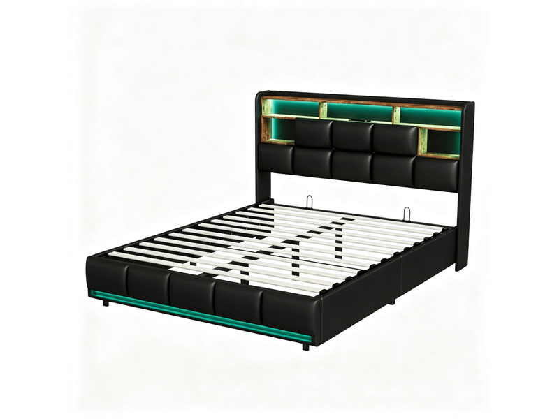  Lit avec rangement 140x190 cm en pu noir - coffre hydraulique, tête de lit avec étagères et usb, éclairage led, sommier à lattes, lit double 2 places  - Conforama D