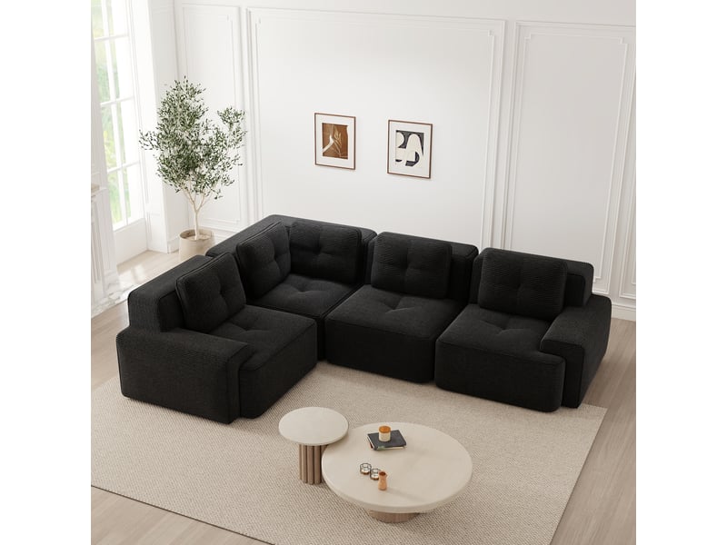 Canapé d'angle modulaire sans montage avec assise profonde et base antidérapante en velours côtelé noir - Conforama B
