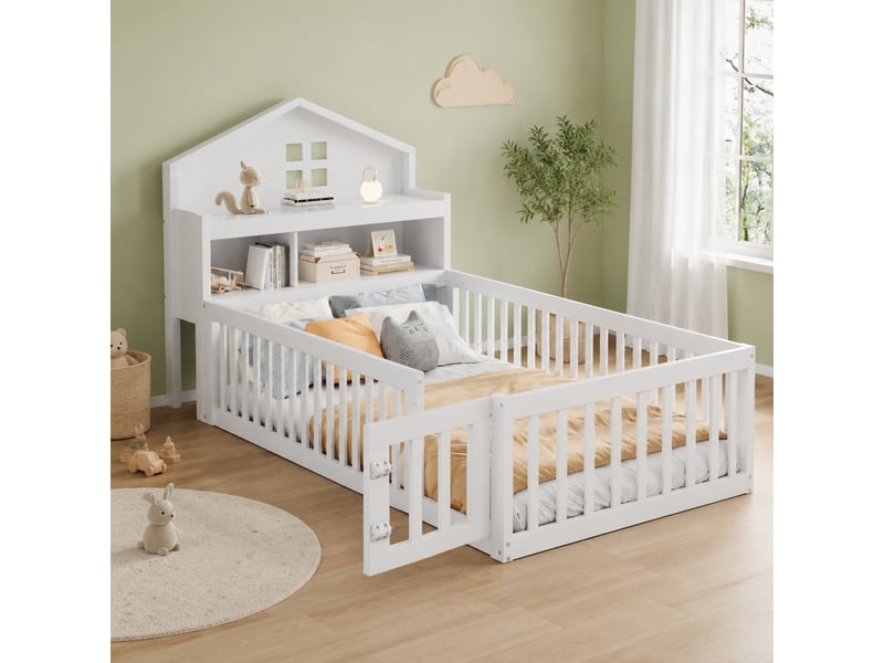  Lit enfant 90 x 200 cm en bois avec rangements, tableau, barrière et porte, blanc  - Conforama B