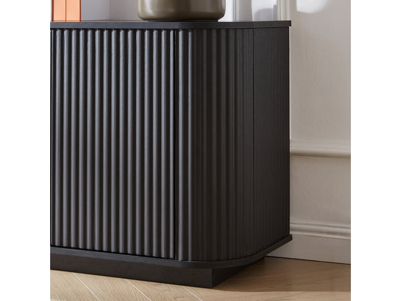 Meuble tv noir 162x38x61 cm, buffet design ondulé mdf, rangement caché 4 portes sans poignées pour salon - Conforama E