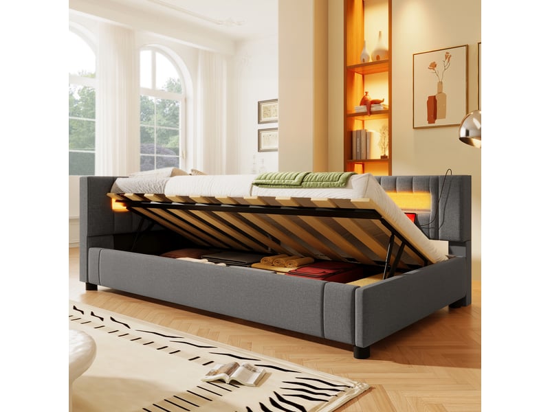 Lit jour avec rangement hydraulique en lin gris 98.5x212 cm - Conforama E