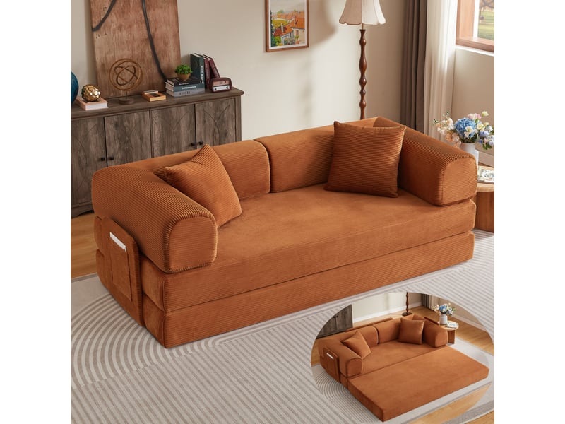  Canapé-lit convertible 2 places canapé modulable canapé au sol canapé compressé en velours côtelé avec poches, terracotta  - Conforama B