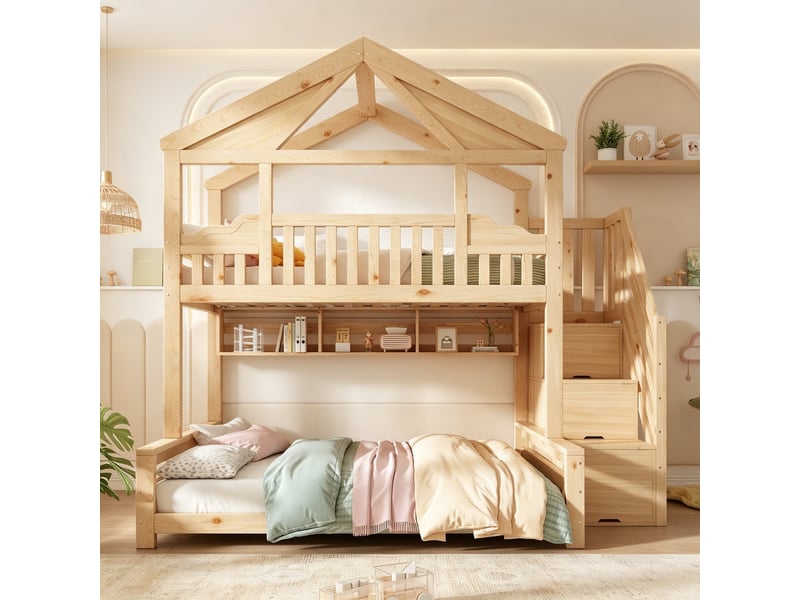  Lit superposé en forme de maison, 90x200 + 140x200 cm, structure en bois, escalier avec rangements, étagères, couleur naturelle  - Conforama D