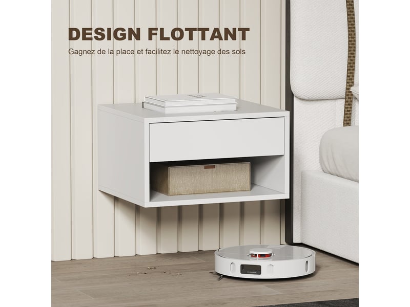  Lot de 2 tables de chevet murales 37 x 32 x 21 cm tiroir étagère gain de place moderne en panneau de particules blanc 21_0001554  - Conforama D