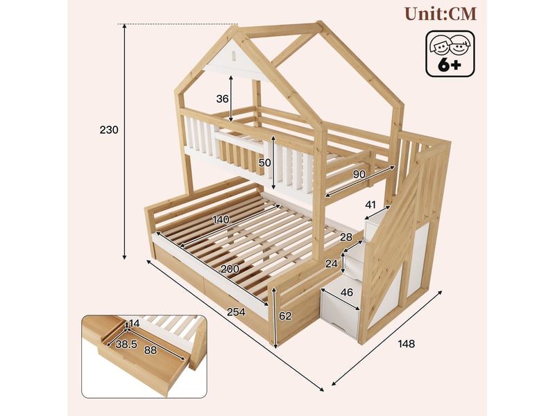  Lit superposé enfant 90x200 et 140x200 cm blanc et chêne avec rangement  - Conforama C