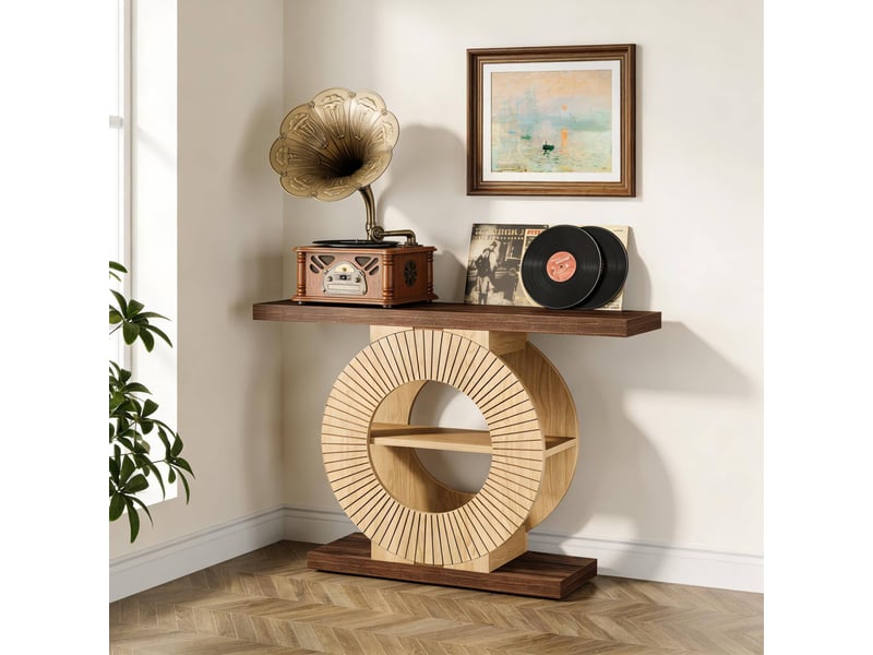  Console en bois brun avec 3 niveaux et base ronde pour entrée et salon, style campagne et rangement d'appoint  - Conforama D