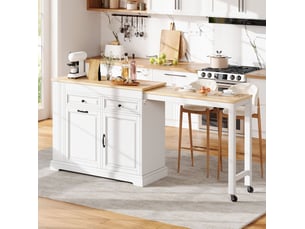 Desserte de cuisine mobile avec plan coulissant latéral, 2 tiroirs et rangement à déchets, blanche et naturelle