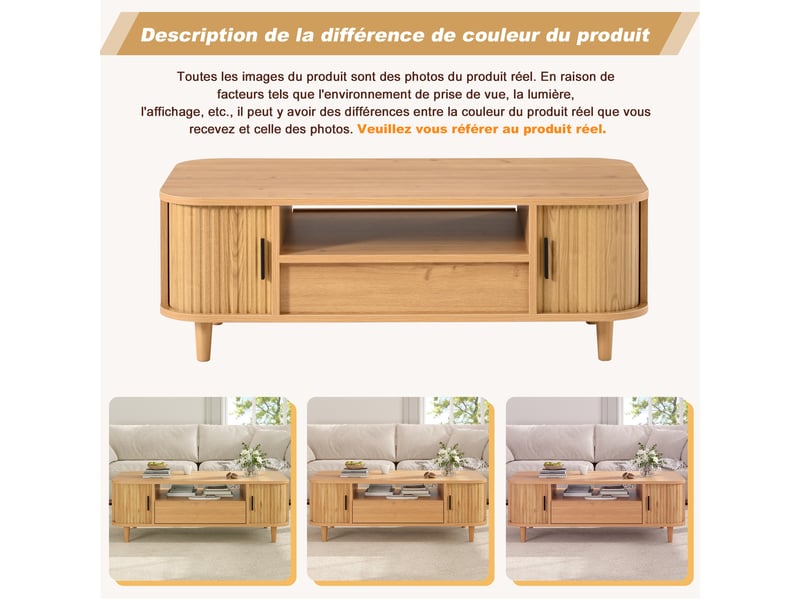 Table basse avec rangement, 1 tiroir et 2 portes à lamelles, 100 x 50 x 35 cm, coloris bois naturel - Conforama W