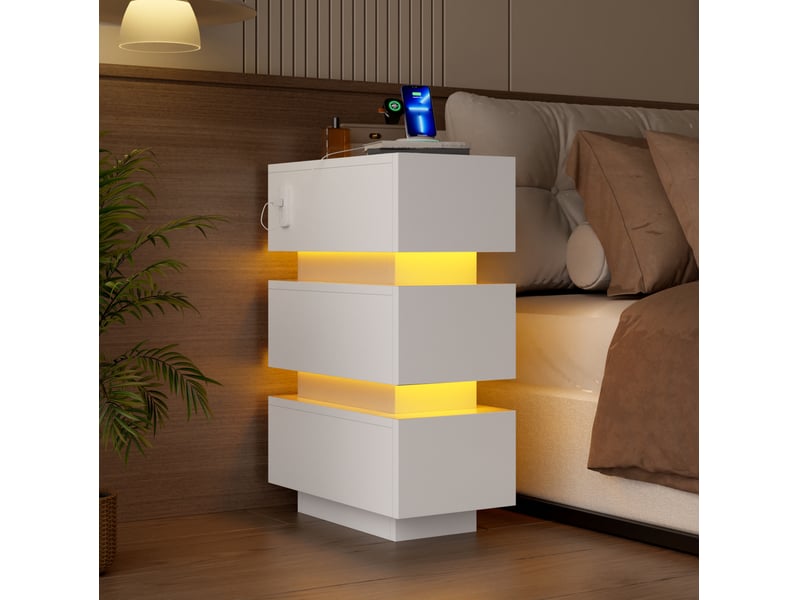  Tables de chevet modenvie étroites lot de 2 avec 3 tiroirs, led, usb et type-c, 20 x 40 x 59,5 cm, blanc  - Conforama B