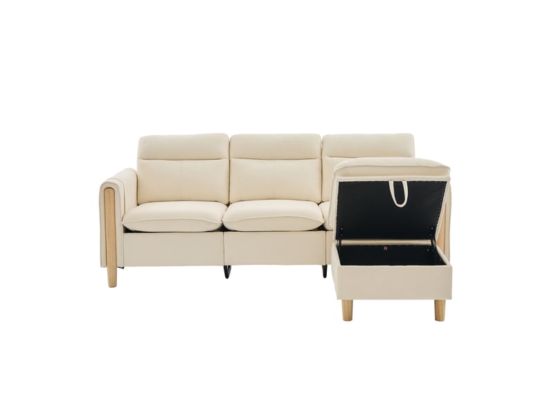  Canapé d'angle 3 places en chenille beige - méridienne réversible, rangement intégré, style scandinave  - Conforama A
