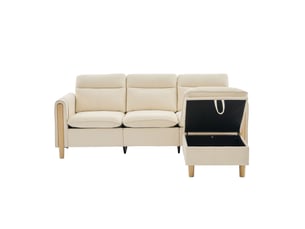 Canapé d'angle 3 places en chenille beige - méridienne réversible, rangement intégré, style scandinave