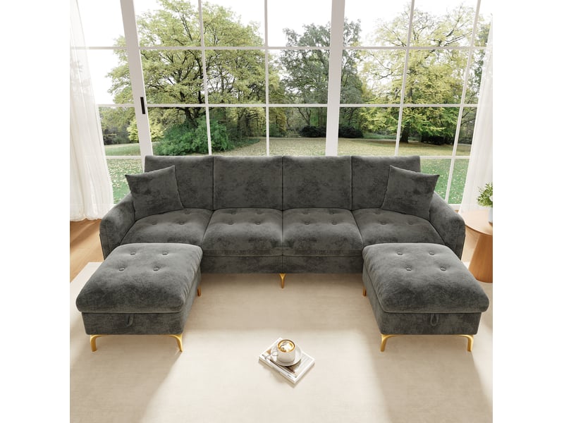  Canapé modulaire 4 places 263x137x85 cm avec 2 poufs de rangement gris  - Conforama E