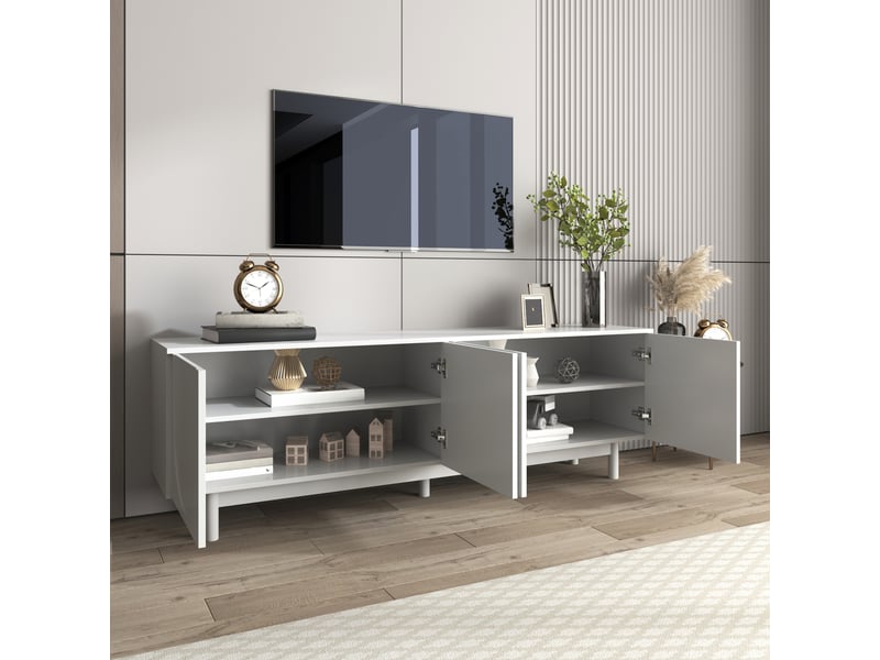  Meuble tv 175 x 38 x 56 cm blanc, étagères réglables, grand rangement, design moderne et élégant  - Conforama D