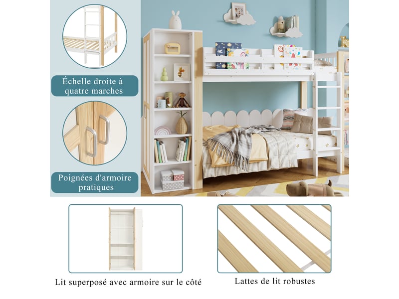 Lit superposé enfant 90x200 cm – blanc et naturel – armoire latérale et 6 étagères - sans matelas - Conforama E