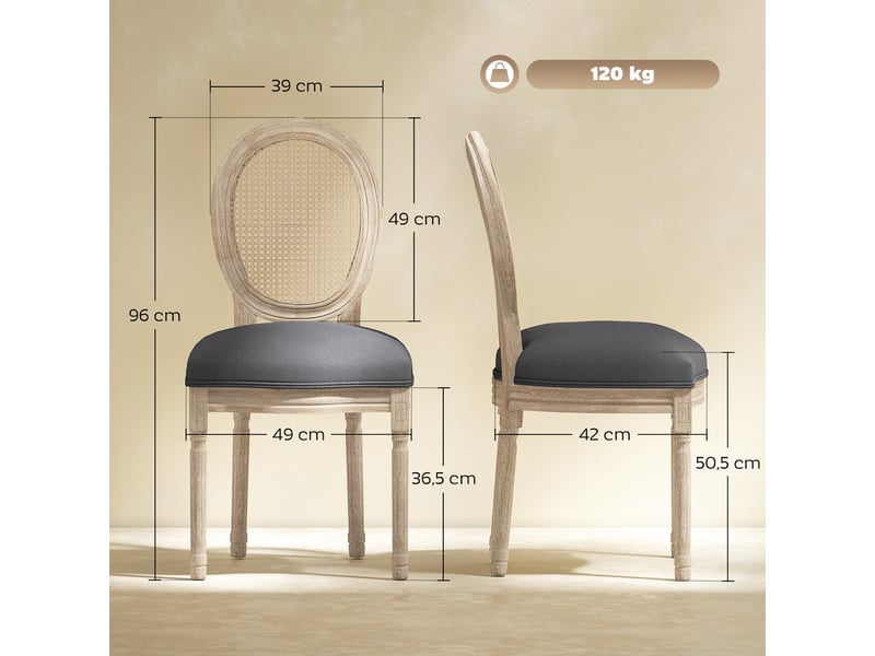  Lot de 2 chaises de salle à manger en bois massif et cannage tissu gris 49 x 56 x 96 cm  - Conforama C