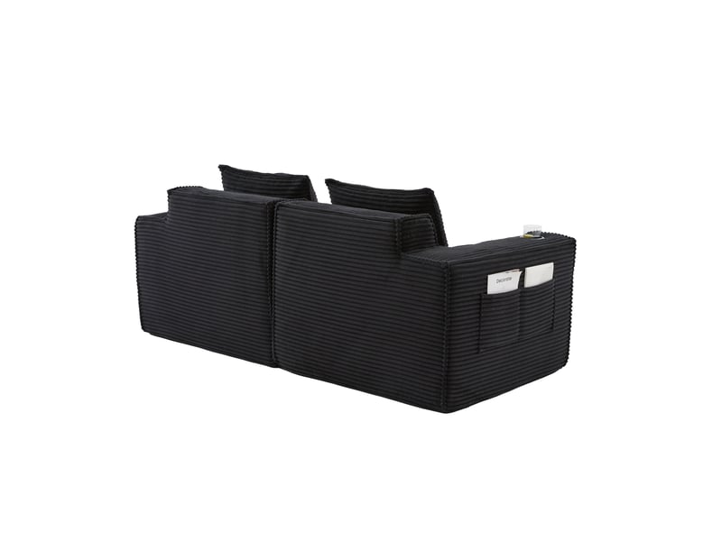Canapé 2 places modulaire 188x90x75 cm avec porte-gobelets et poches latérales, velours côtelé noir - Conforama D