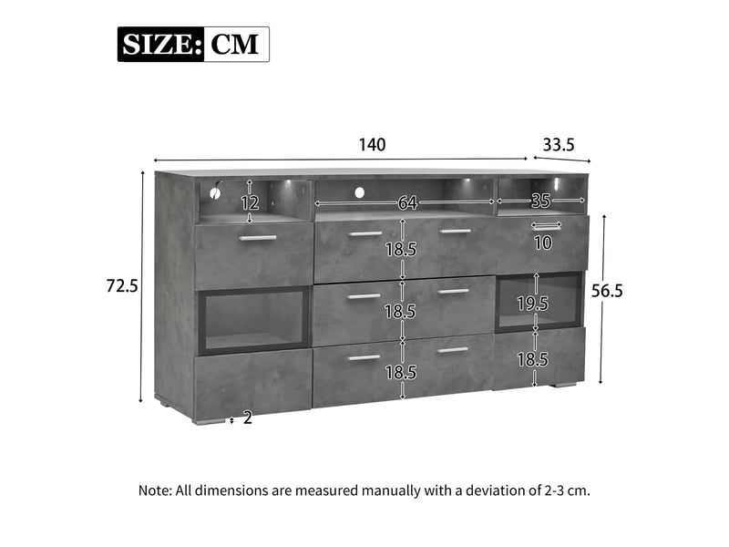 Buffet 140 cm en panneaux de particules avec led et portes en acrylique gris chicfurn  - Conforama D