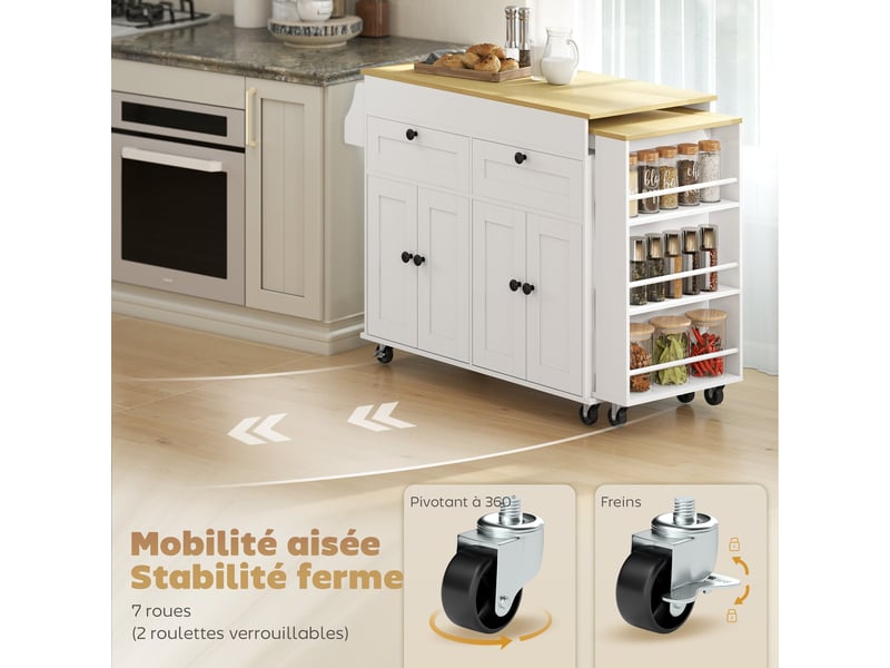  Îlot central cuisine avec plateau extensible, desserte de cuisine sur roulettes avec 2 tiroirs, 4 portes, blanc  - Conforama R