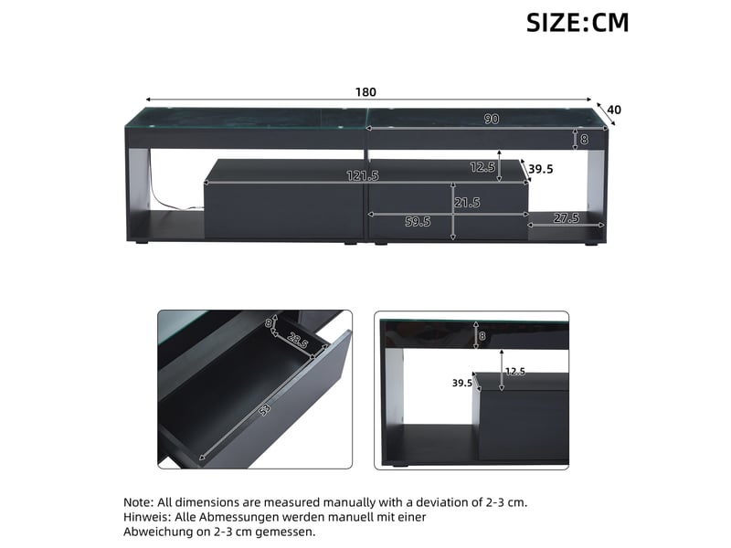  Meuble tv noir avec led 180 x 40 x 46 cm, 2 tiroirs, pour téléviseur jusqu'à 70 pouces  - Conforama C