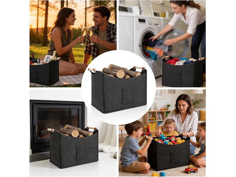  Grand panier à bois pliable , gris foncé – poignées en bois renforcées, pour cheminée et transport de bûches-60 x 40 x 40 cm  - Conforama E