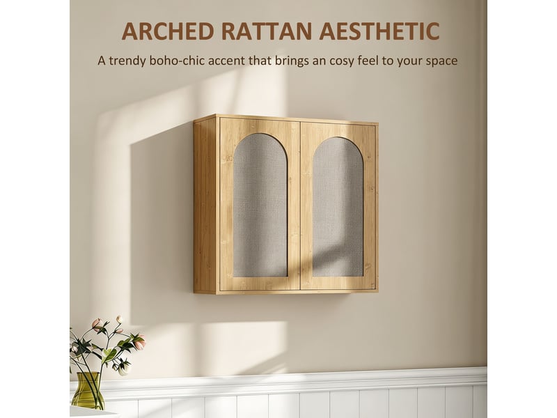 Armoire murale de salle de bain bohème avec 2 portes effet rotin à fermeture douce et étagère réglable, chêne - Conforama D