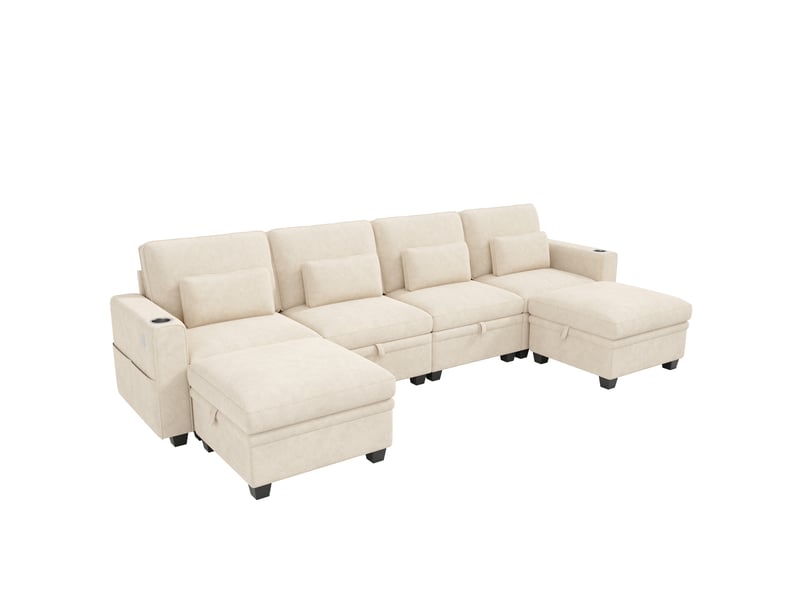  Canapé d’angle modulable convertible 6 places en chenille beige, coffres, 2 poufs, usb-c et dossier réglable  - Conforama A