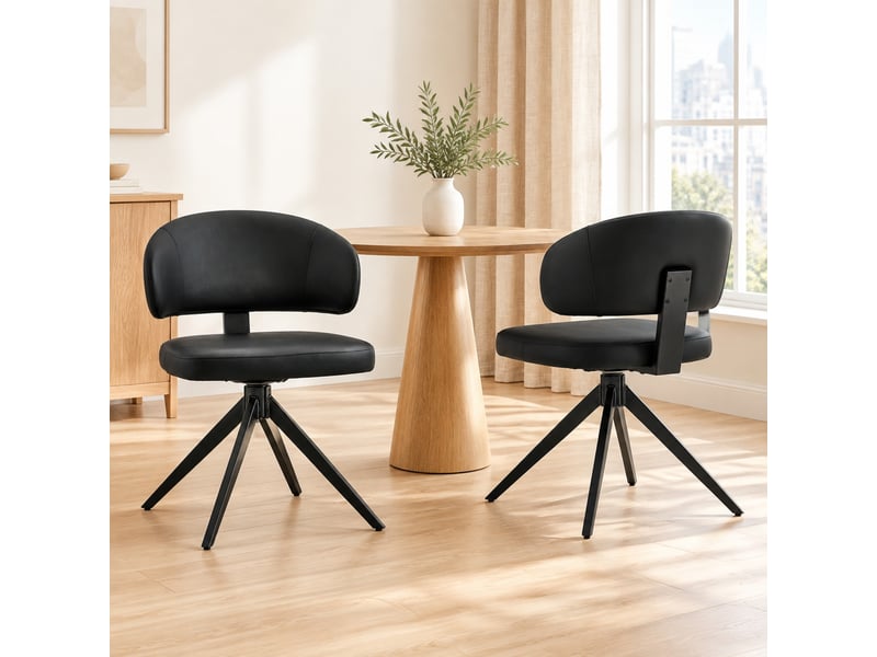  Lot de 2 chaises de salle à manger pivotantes 360°  - dossier courbé, piètement métal, pu noir, 77 cm  - Conforama C
