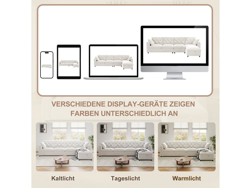  Canapé d’angle beige en flanelle et polyester, 281 × 86 × 71 cm, avec couchage et rangement, pour salon  - Conforama E