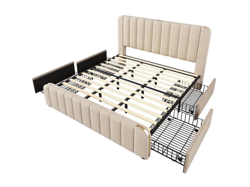  Lit double rembourré beige 180x200 cm avec tête de lit à bandes métalliques, ports usb et usb-c, 4 tiroirs de rangement, structure en métal et sommier à lattes  - Conforama A