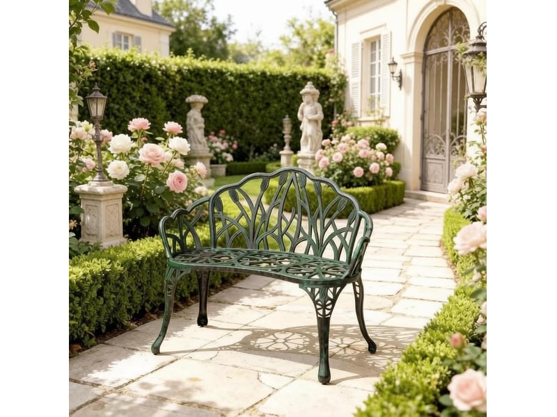  Banc de jardin 2 places 99 x 57 x 78 cm – vert antique – dossier floral ajouré, structure en aluminium coulé  - Conforama B