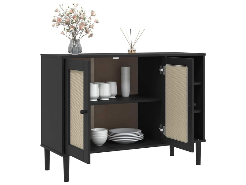  Buffet - bahut - meuble de rangement senja aspect rotin noir 112x40x80cm bois massif de pin  - Conforama D