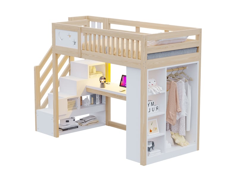  Lit mezzanine enfant 90 x 200 cm blanc et couleur bois avec bureau, rangements, led et prises  - Conforama A