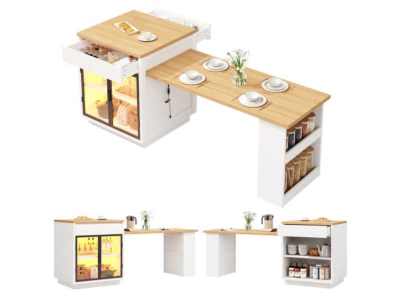  Îlot de cuisine table extensible 122–194,5 cm - 2 tiroirs et façades vitrées - led rvb avec application - mdf - blanc CozyNest - Conforama A