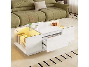 Table basse 105x50x35 cm, 2 tiroirs, grand rangement, éclairage led, plateau verre, style scandinave pour salon et séjour - blanc
