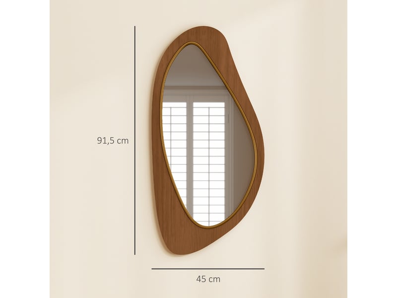  Miroir mural asymétrique 91,5 x 45 cm, miroir suspendu moderne, cadre en bois, effet bois naturel  - Conforama C