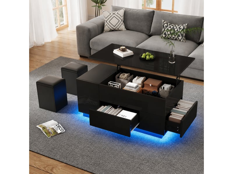 Table basse relevable noire 4 en 1, led, 2 tiroirs et 2 poufs, 100 x 50 cm, noir - Conforama B