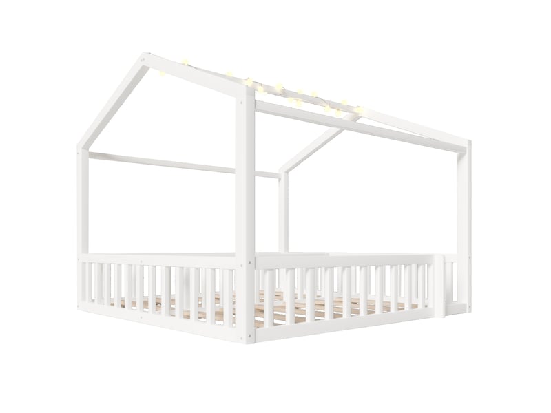  Lit cabane enfant 90x190×2180x190 cm en pin blanc, barrières, led, avec toit, sans matelas  - Conforama E