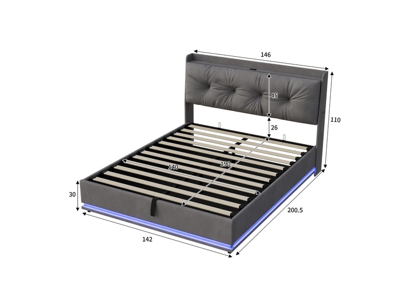  Lit coffre 140x190 cm, lit double avec led rgb, chargement usb, avec levier hydraulique, sommier à lattes, en velours, gris  - Conforama E