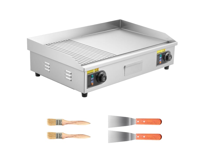 Plancha électrique professionnelle en acier inoxydable, 4400w plaque de cuisson mixte lisse et nervurée, thermostat réglable pour restaurant