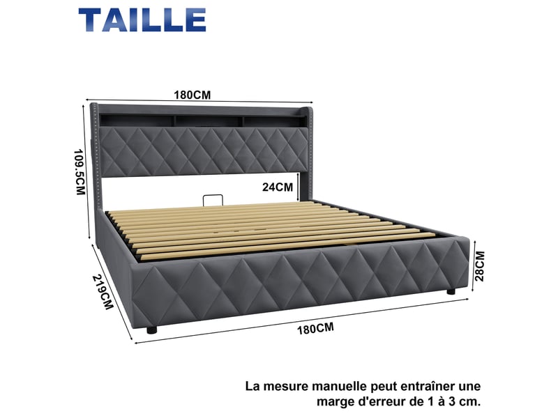  Lit coffre 180x200cm, lit rembourré avec port usb, lit adulte, sommier à lattes, velours gris, sans matelas  - Conforama C