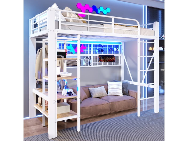 Lit mezzanine 90x200 cm avec rangement, cadre en métal et mdf, éclairage led contrôlé par application, blanc - Conforama W