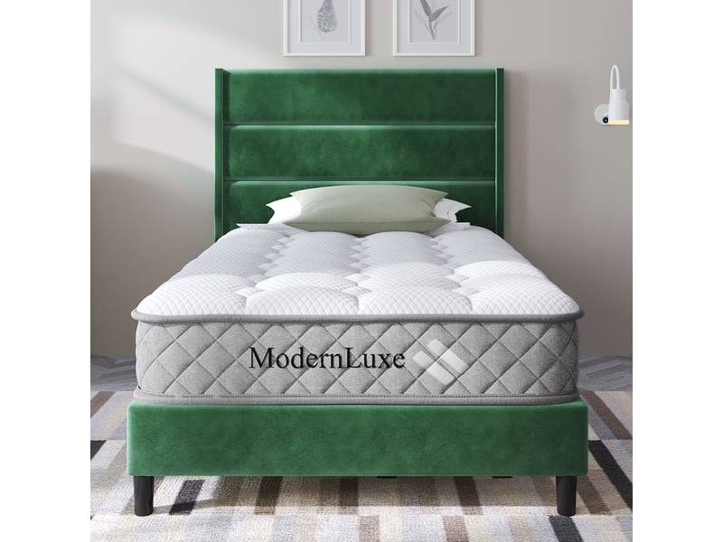  Lit rembourré, lit enfant 90x200 cm, sommier à lattes, velours vert, matelas inclus  - Conforama E