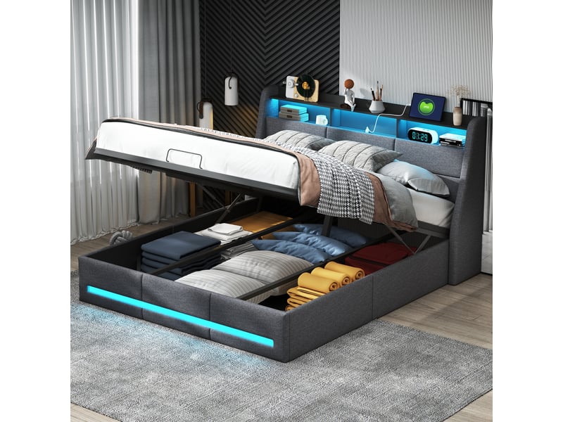  Lit 160x200 avec sommier ,lit coffre 160 x 200 avec led et usb ,lit double avec sommier à lattes, tissu lin,gris  - Conforama B