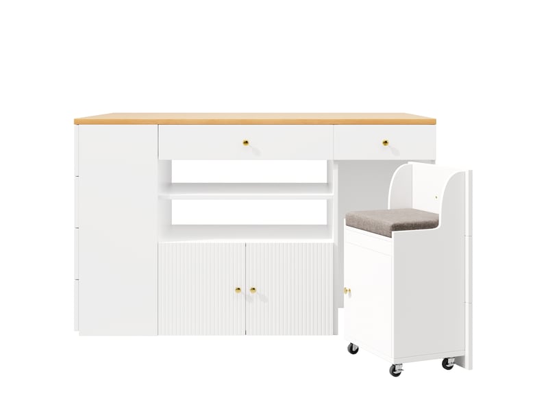 Îlot cuisine 140x40(70)x89cm blancnoir, 6 tiroirs, tabourets inclus, rangement extensible  - Conforama A