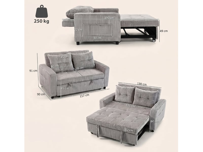  Canapé convertible 2 places 157x190 cm, 3-en-1, 2 coussins et poches latérales, —, gris clair  - Conforama E