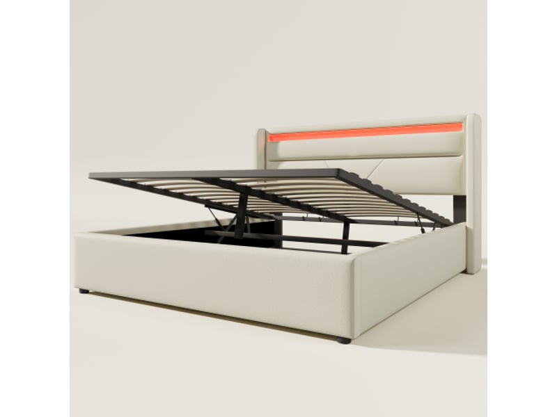 Lit coffre hydraulique 160x200cm, lit double, lit rembourré, avec bande led, pu, blanc, avec télécommande - Conforama A