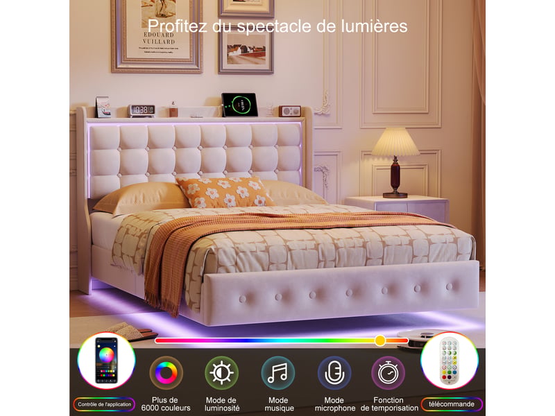  Lit double 160x200 cm, cadre de lit adulte, cadre flottant avec led et ports usb, tête de lit rembourrée avec espace de rangement ouvert, blanc  - Conforama D