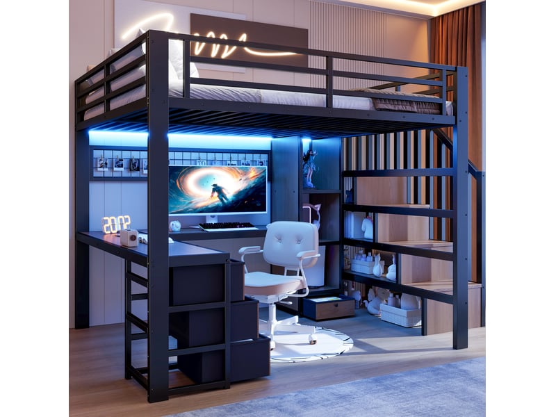  Lit mezzanine enfant 140x200 cm avec bureau, rangements et led noir  - Conforama B