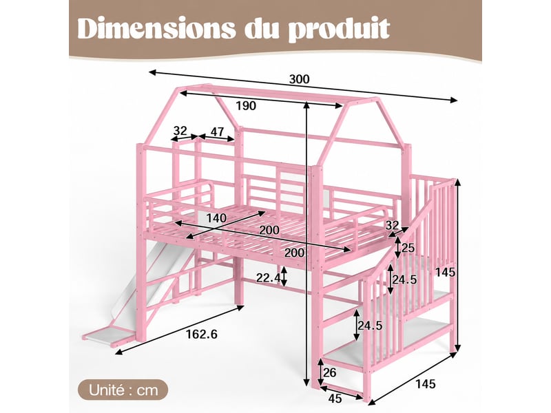  Lit mezzanine 140x200cm avec toboggan et échelle,cabane,design clôture,certifié en747-1,rose  - Conforama C