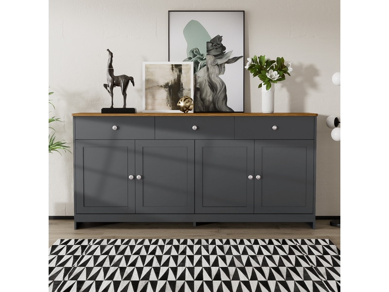 Buffet et enfilade décor bois avec 3 tiroirs, 4 portes et étagères réglables, pour salon ou salle à manger, en mdf, noir, 160 × 37 × 75 cm - Conforama B